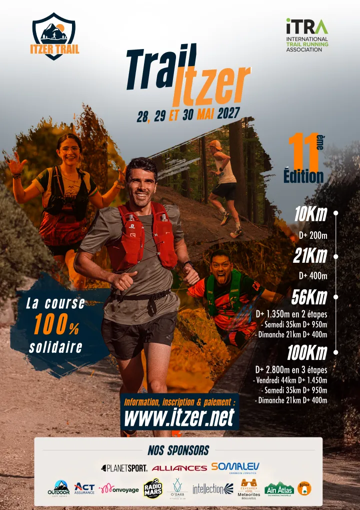 Affiche de la 11e édition d’Itzer Trail, 28, 29 et 30 mai 2027 : 10, 21, 56 et 100 km au cœur du Moyen Atlas