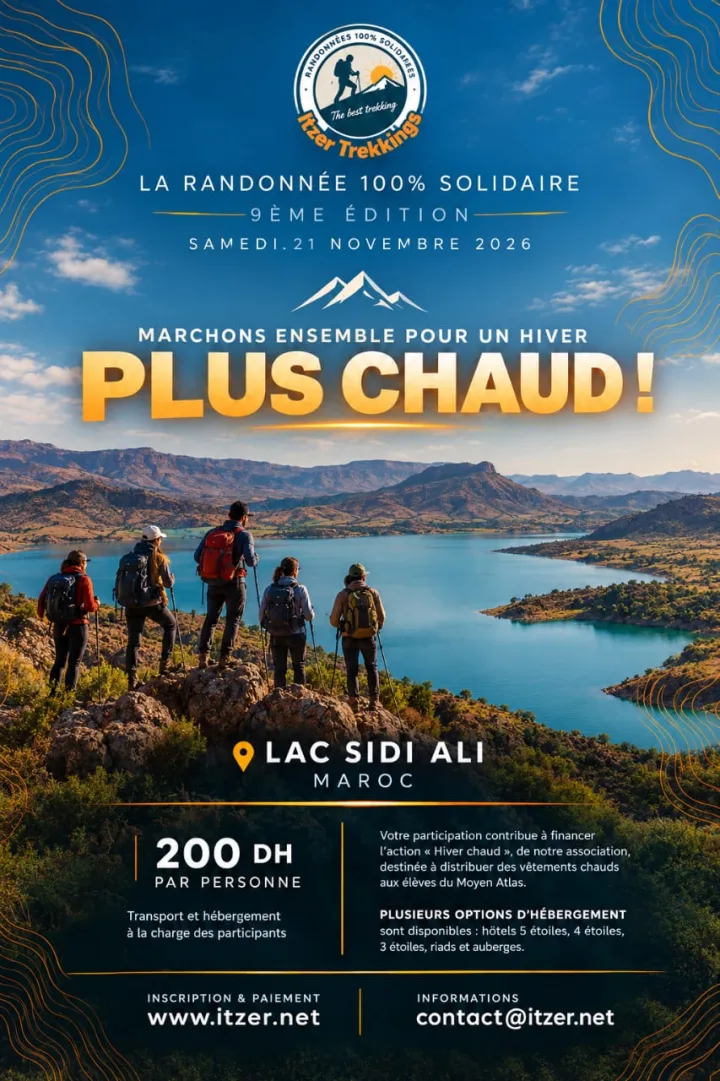 Affiche de la 9e édition d’Itzer Trekking, la randonnée 100 % solidaire : samedi 21 novembre 2026, lac Sidi Ali, 200 DH par personne